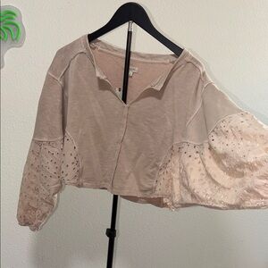 Pilcro by Anthropologie Women's Beige Eyelet Sleeve Top